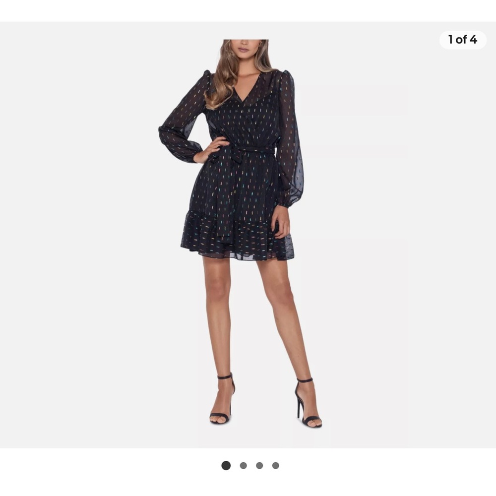 Betsy & Adam Black Sheer Foil Dot Belted Fit & Flare With Slip Blouson Sleeve, 4